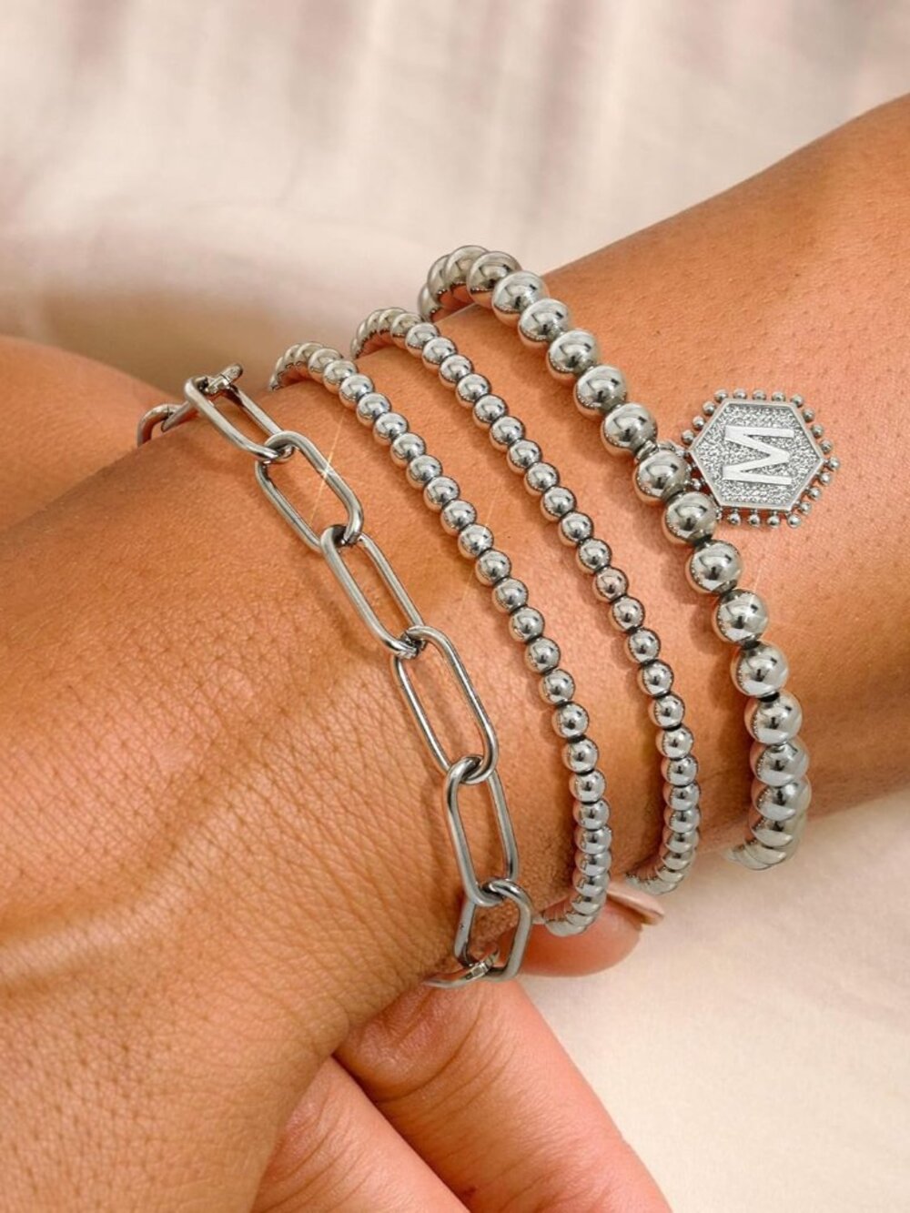Gold Bracelets for Women, 14K Gold Plated Stackable Initial Beaded Bracelet with - Picture 3 of 6